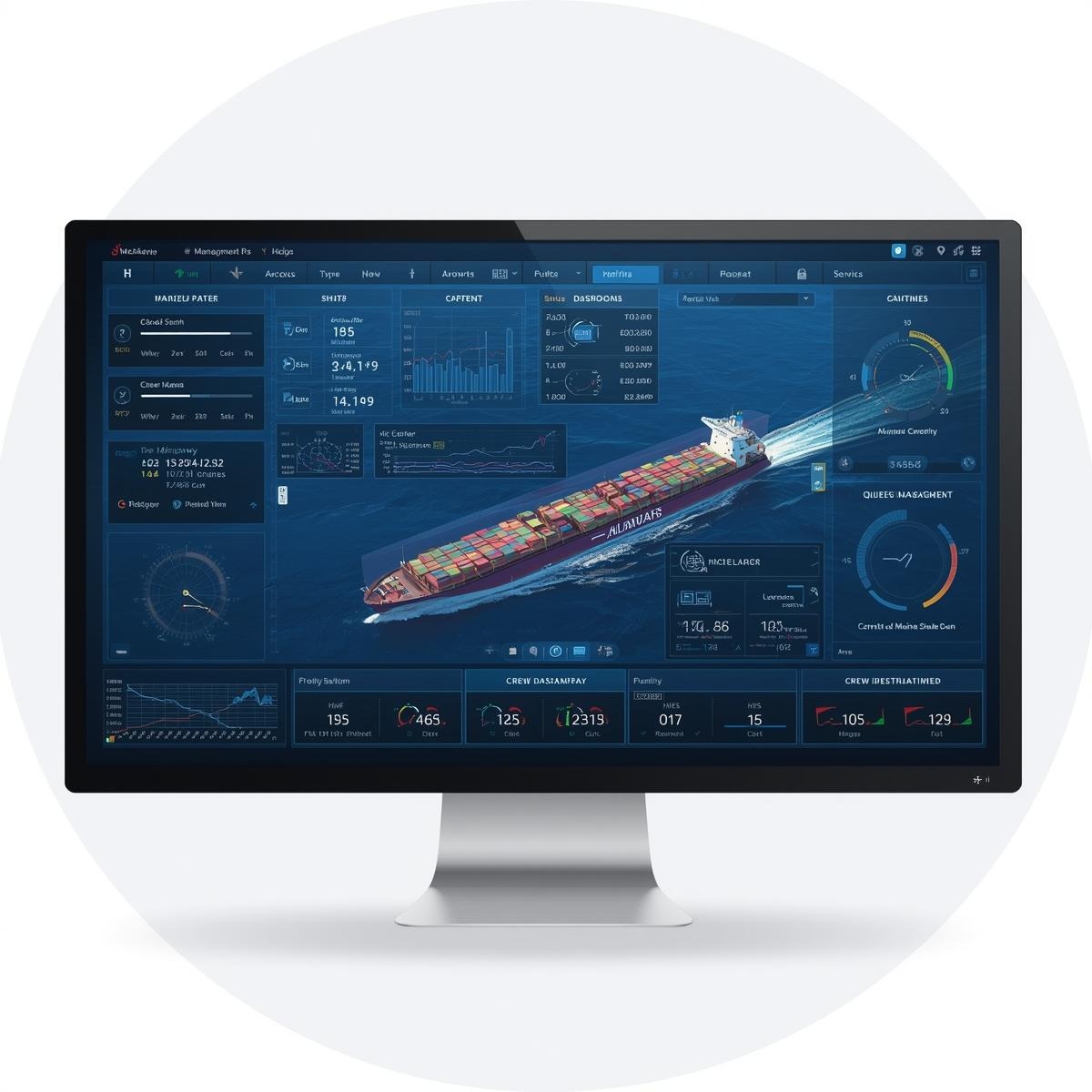 Marine management software dashboard showing fleet operations, maintenance tracking, and compliance management